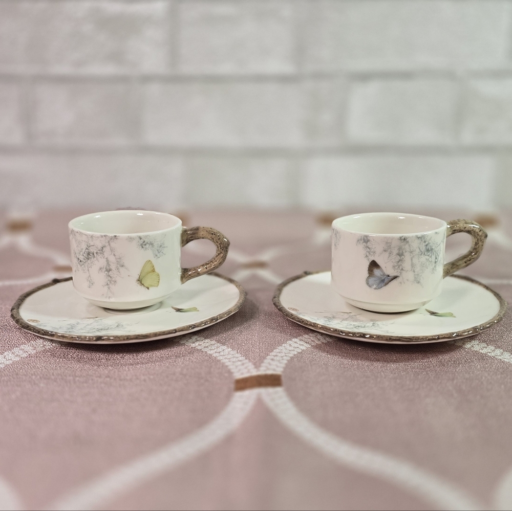 Teacup Saucer Demitasse x 2 Marjolein Bastin Nature’s Journey Butterfly Floral